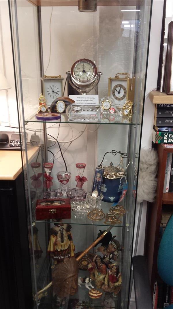 Lots of different items for sale clocks, glass, etc now in our shop display cabinet please ask a member of staff for assistance all items indefinitely priced. 