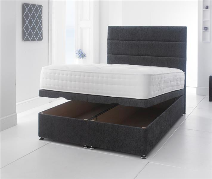 lovely 4ft 6 ottoman bed base end lift the one in the shop is in a deep red but other colours are available to order with deposit also available with side lift action,please note new mattresses are also available to purchases with this bed.     